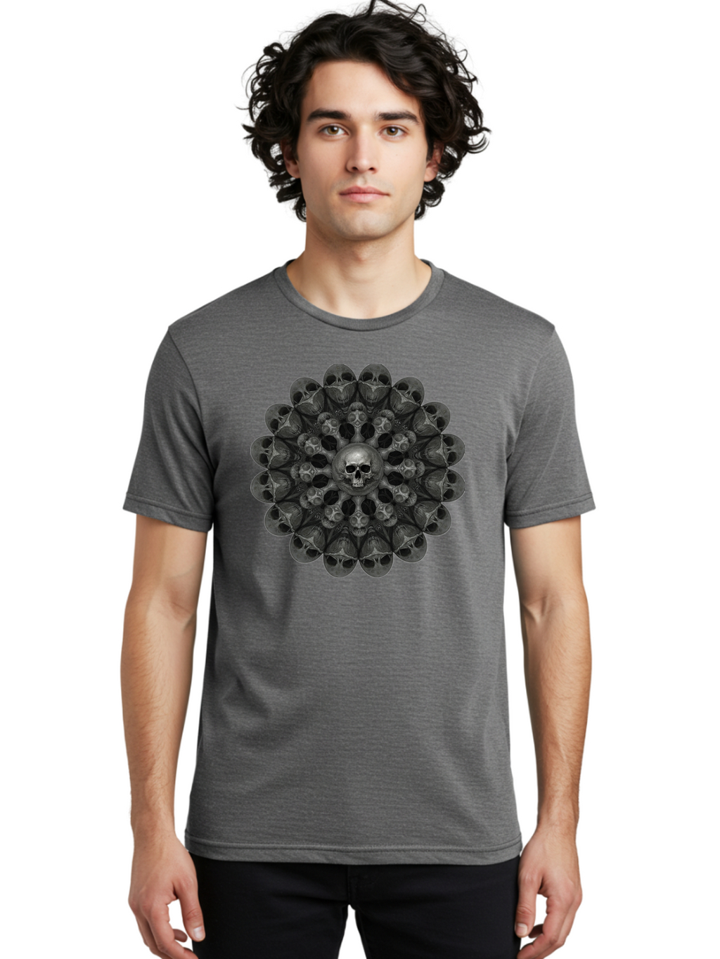 Skull-Mandala-6 Men'S Graphic Tee, 100% Cotton, Comfortable Casual Summer Wear, Machine Washable, Mandala Skull, Skull Pattern, Multiple Skulls, Gothic Art, Dark Art, Surrealism, Symbolic Imagery, Intricate Design, Mysticism, Bad600