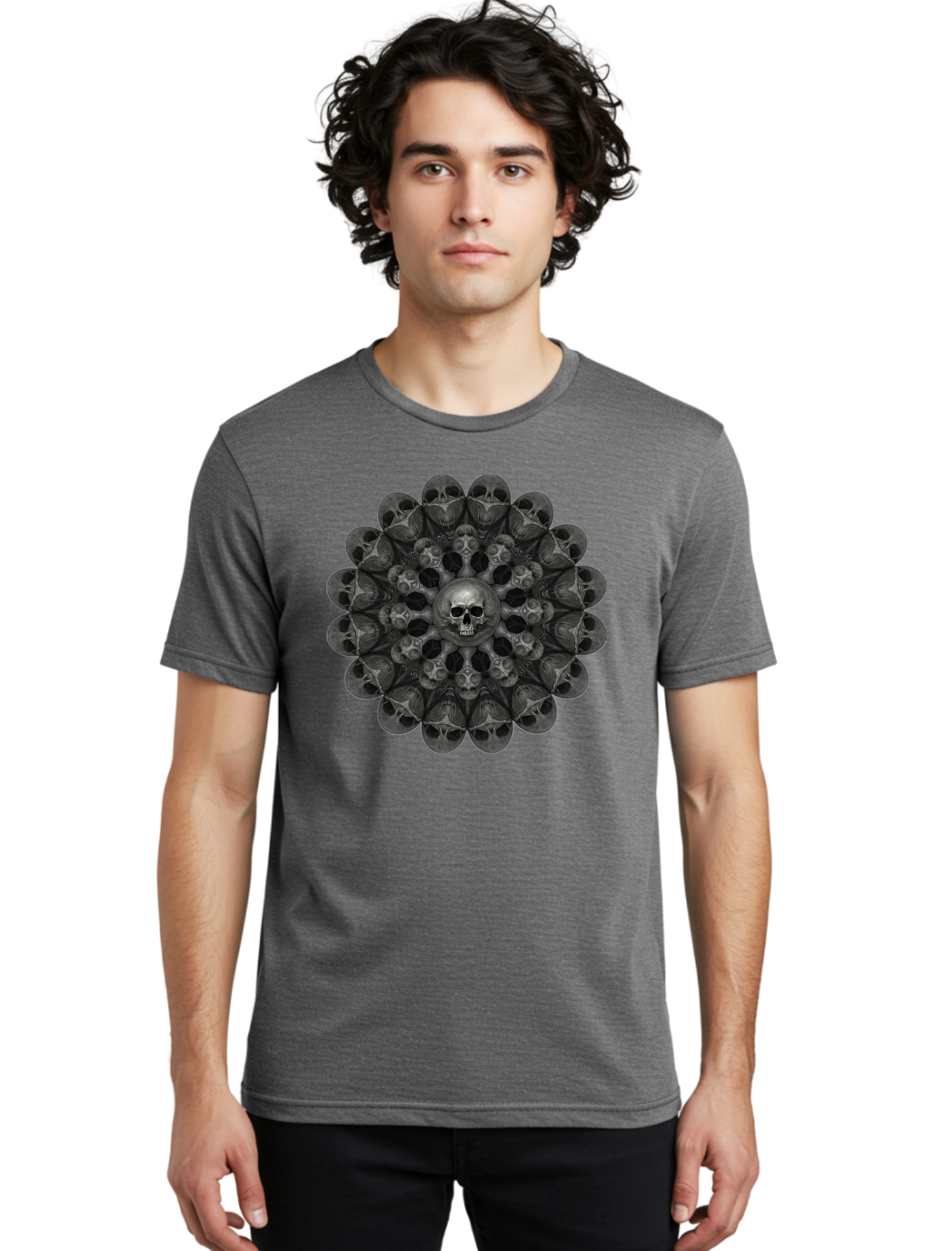 Skull-Mandala-6 Men'S Graphic Tee, 100% Cotton, Comfortable Casual Summer Wear, Machine Washable, Mandala Skull, Skull Pattern, Multiple Skulls, Gothic Art, Dark Art, Surrealism, Symbolic Imagery, Intricate Design, Mysticism, Bad600
