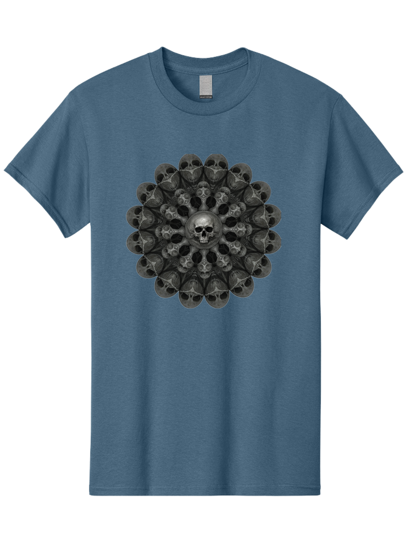 Skull-Mandala-6 Men'S Graphic Tee, 100% Cotton, Comfortable Casual Summer Wear, Machine Washable, Mandala Skull, Skull Pattern, Multiple Skulls, Gothic Art, Dark Art, Surrealism, Symbolic Imagery, Intricate Design, Mysticism, Bad600