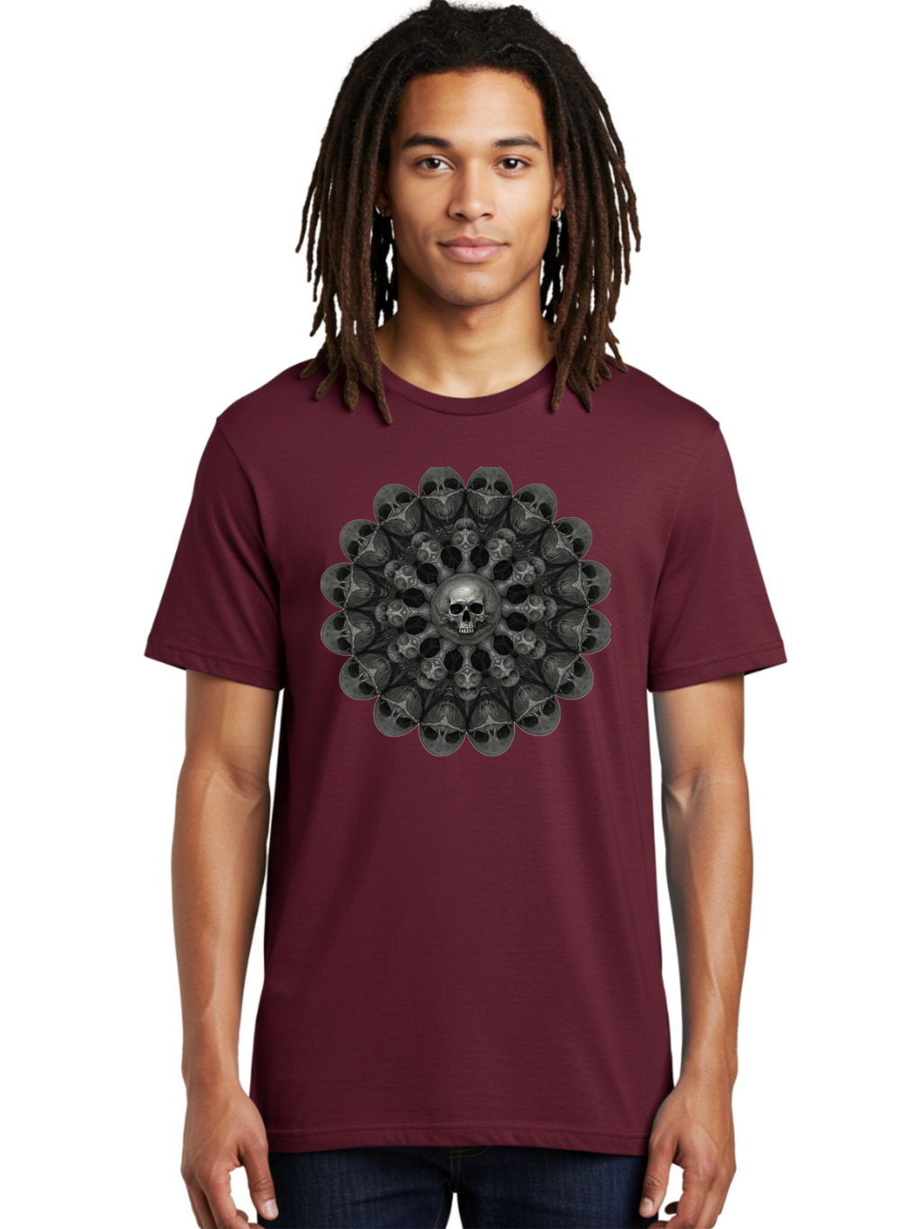 Skull-Mandala-6 Men'S Graphic Tee, 100% Cotton, Comfortable Casual Summer Wear, Machine Washable, Mandala Skull, Skull Pattern, Multiple Skulls, Gothic Art, Dark Art, Surrealism, Symbolic Imagery, Intricate Design, Mysticism, Bad600