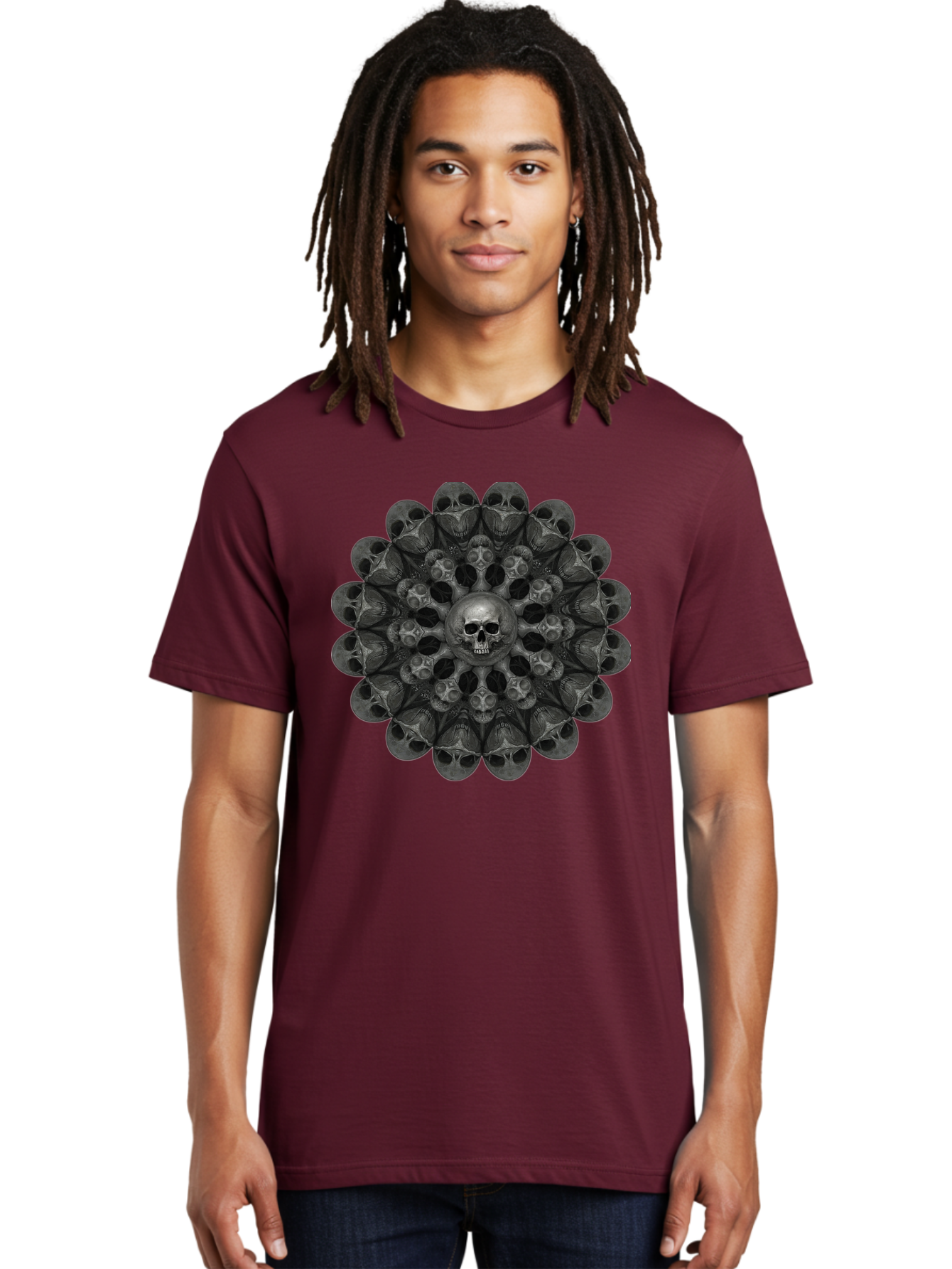 Skull-Mandala-6 Men'S Graphic Tee, 100% Cotton, Comfortable Casual Summer Wear, Machine Washable, Mandala Skull, Skull Pattern, Multiple Skulls, Gothic Art, Dark Art, Surrealism, Symbolic Imagery, Intricate Design, Mysticism, Bad600