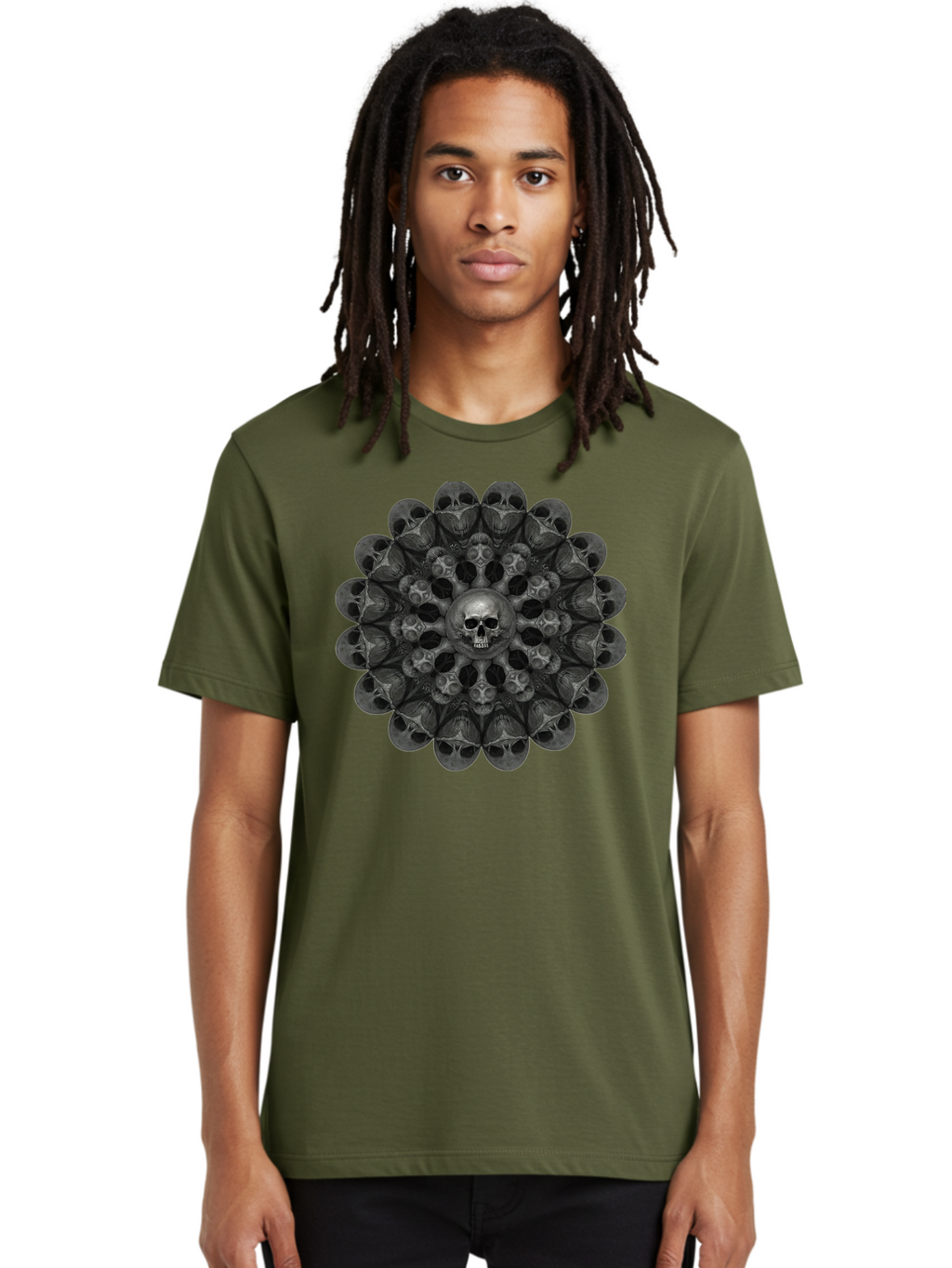 Skull-Mandala-6 Men'S Graphic Tee, 100% Cotton, Comfortable Casual Summer Wear, Machine Washable, Mandala Skull, Skull Pattern, Multiple Skulls, Gothic Art, Dark Art, Surrealism, Symbolic Imagery, Intricate Design, Mysticism, Bad600