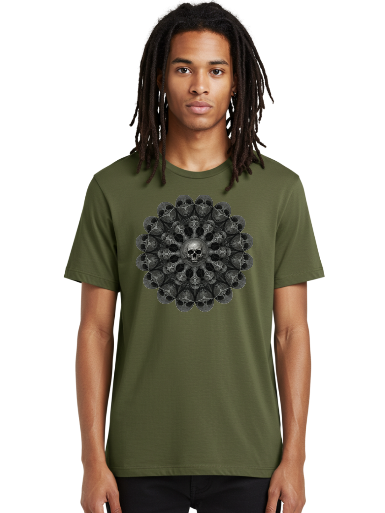 Skull-Mandala-6 Men'S Graphic Tee, 100% Cotton, Comfortable Casual Summer Wear, Machine Washable, Mandala Skull, Skull Pattern, Multiple Skulls, Gothic Art, Dark Art, Surrealism, Symbolic Imagery, Intricate Design, Mysticism, Bad600
