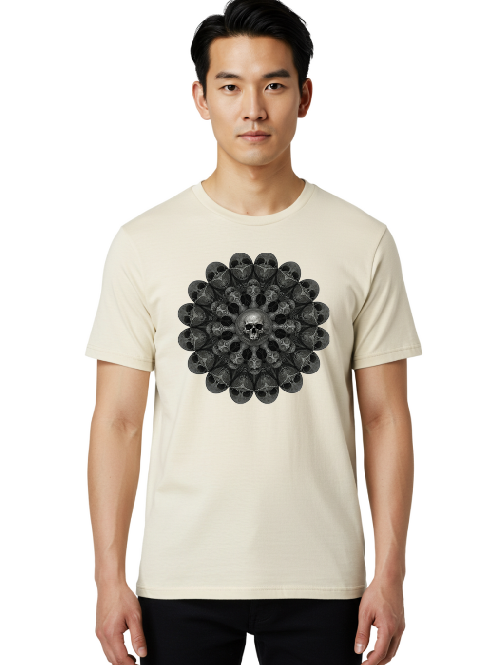 Skull-Mandala-6 Men'S Graphic Tee, 100% Cotton, Comfortable Casual Summer Wear, Machine Washable, Mandala Skull, Skull Pattern, Multiple Skulls, Gothic Art, Dark Art, Surrealism, Symbolic Imagery, Intricate Design, Mysticism, Bad600