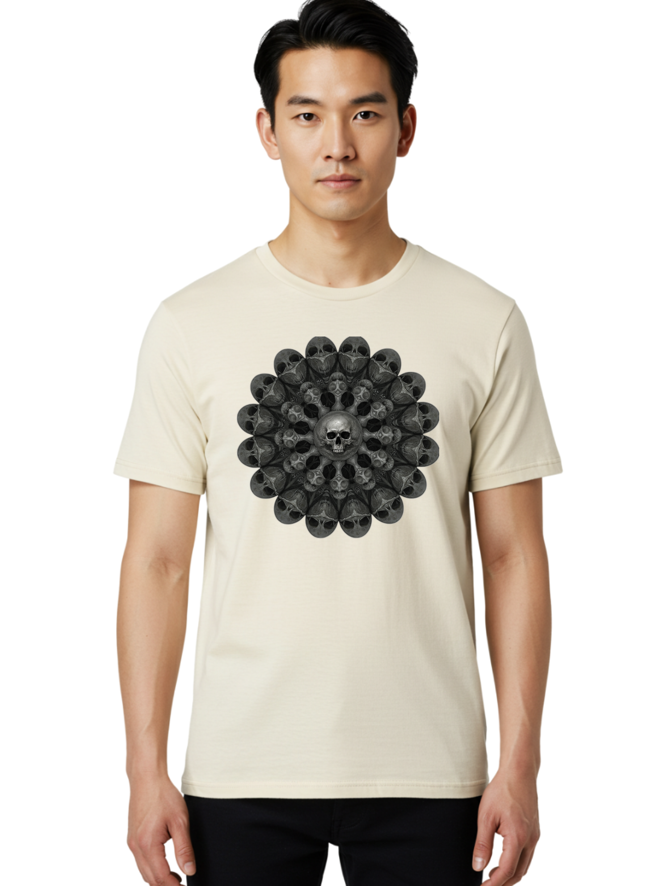 Skull-Mandala-6 Men'S Graphic Tee, 100% Cotton, Comfortable Casual Summer Wear, Machine Washable, Mandala Skull, Skull Pattern, Multiple Skulls, Gothic Art, Dark Art, Surrealism, Symbolic Imagery, Intricate Design, Mysticism, Bad600