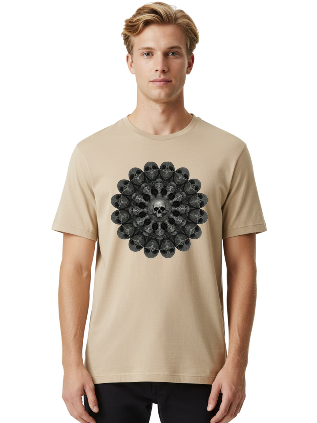 Skull-Mandala-6 Men'S Graphic Tee, 100% Cotton, Comfortable Casual Summer Wear, Machine Washable, Mandala Skull, Skull Pattern, Multiple Skulls, Gothic Art, Dark Art, Surrealism, Symbolic Imagery, Intricate Design, Mysticism, Bad600