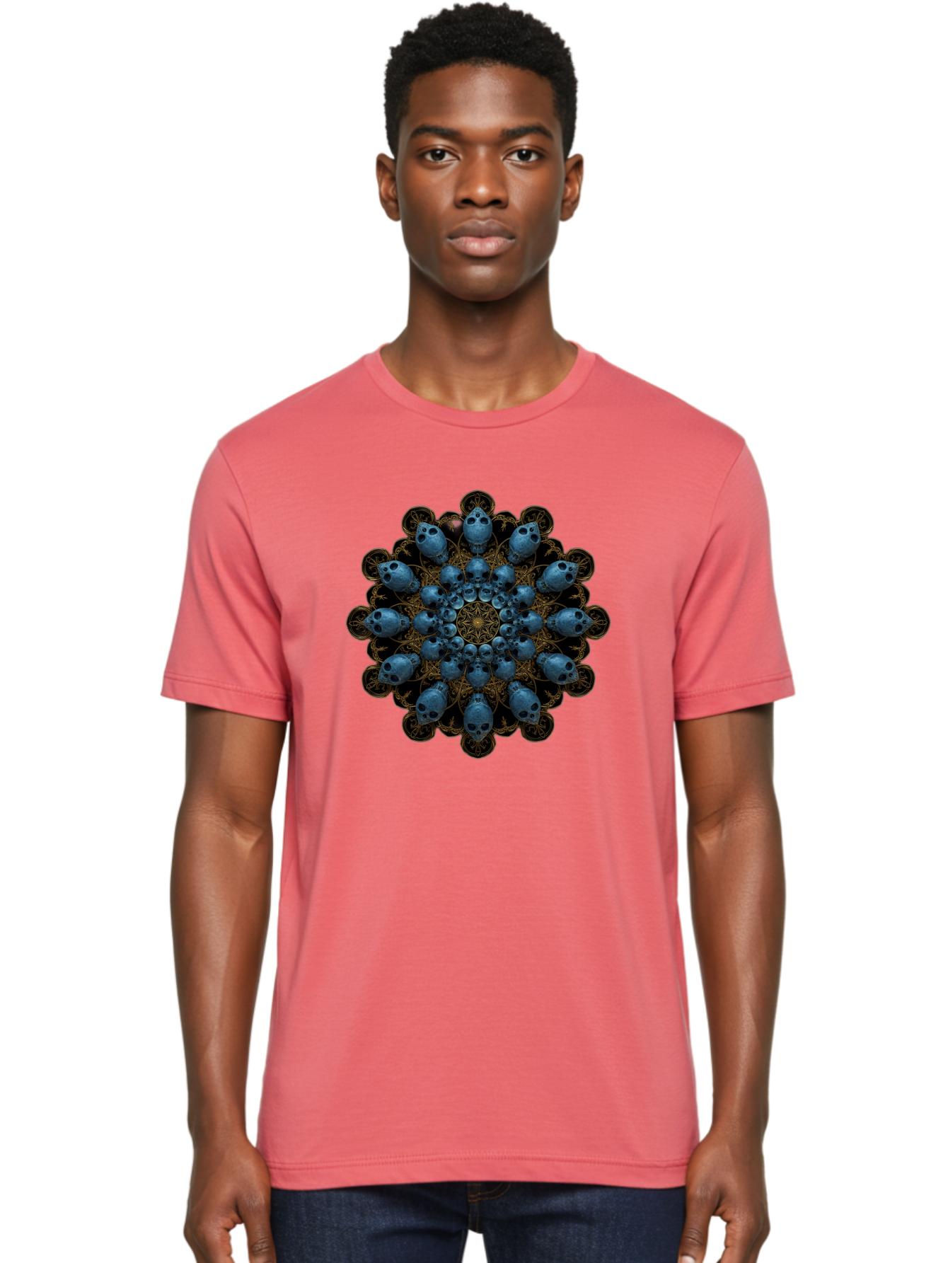 Skull-Mandala-7 Men'S Graphic Tee, 100% Cotton, Comfortable Casual Summer Wear, Machine Washable, Skull Mandala, Symmetrical Design, Intricate Patterns, Gothic Art, Mystical Symbols, Skulls, Mandala Art, Surreal Imagery, Mysterious, Bad601