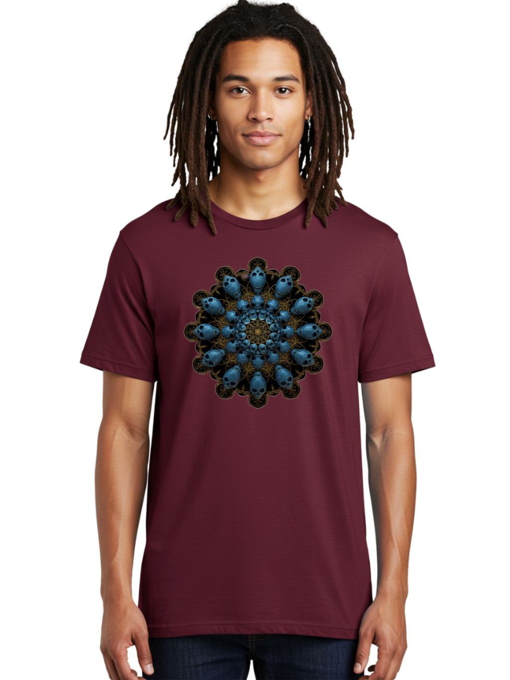 Skull-Mandala-7 Men'S Graphic Tee, 100% Cotton, Comfortable Casual Summer Wear, Machine Washable, Skull Mandala, Symmetrical Design, Intricate Patterns, Gothic Art, Mystical Symbols, Skulls, Mandala Art, Surreal Imagery, Mysterious, Bad601