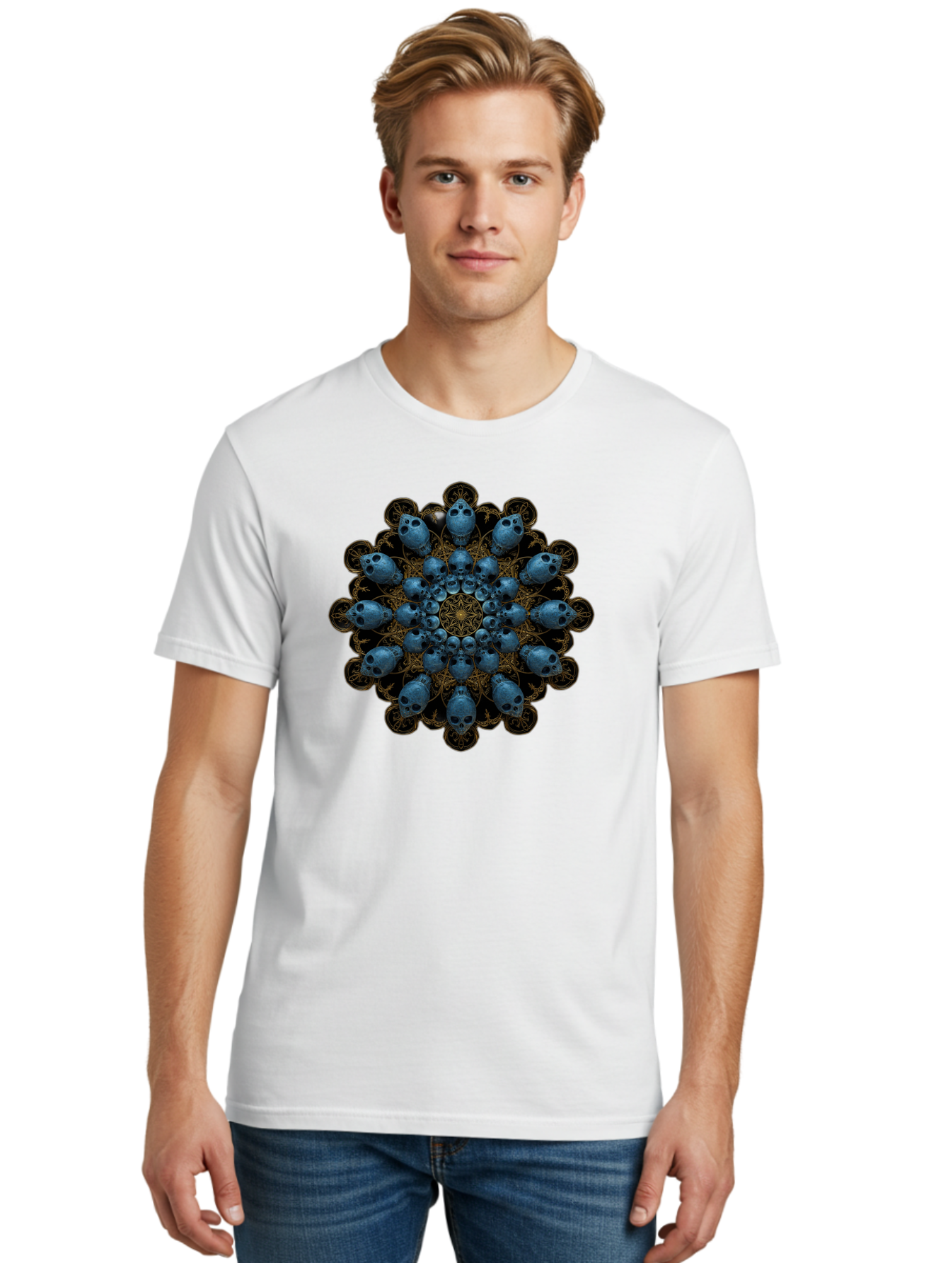 Skull-Mandala-7 Men'S Graphic Tee, 100% Cotton, Comfortable Casual Summer Wear, Machine Washable, Skull Mandala, Symmetrical Design, Intricate Patterns, Gothic Art, Mystical Symbols, Skulls, Mandala Art, Surreal Imagery, Mysterious, Bad601
