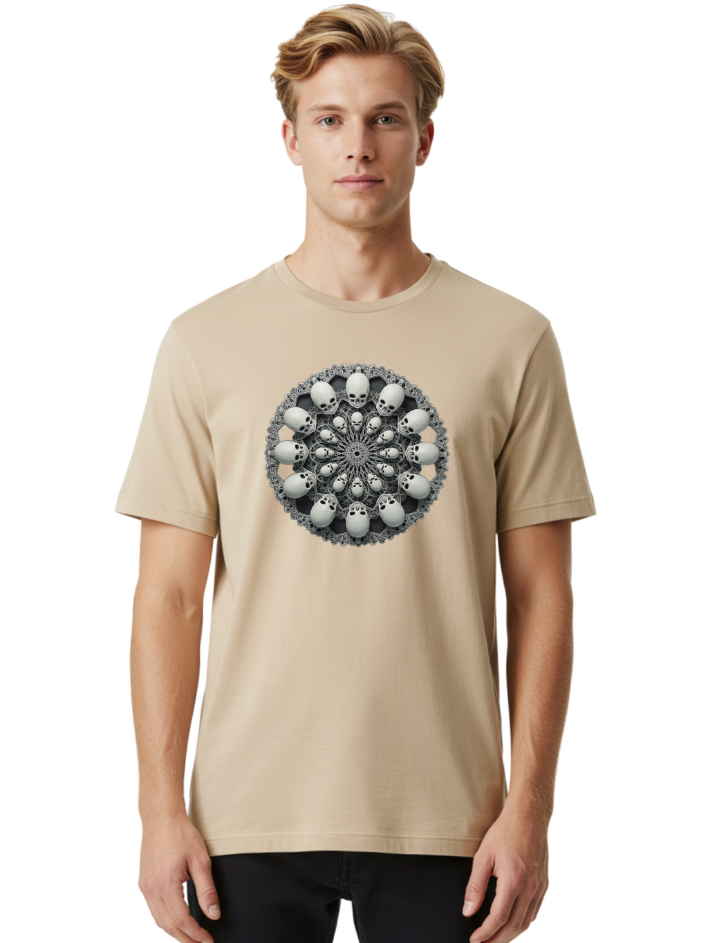 Skull-Mandala Men'S Graphic Tee, 100% Cotton, Comfortable Casual Summer Wear, Machine Washable, Mandala Design, Skull Art, Intricate Patterns, White Skulls, Mystical Symbols, Hypnotic Visuals, Geometric Shapes, Ornate Details, Abstract Art, Bad602