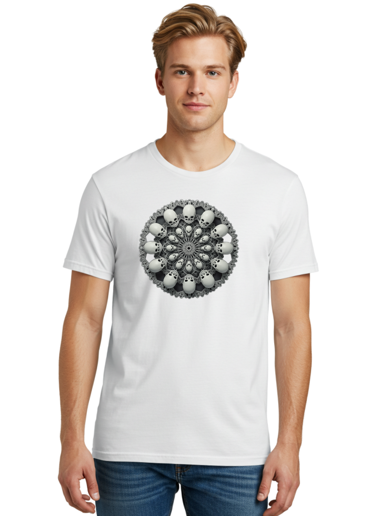 Skull-Mandala Men'S Graphic Tee, 100% Cotton, Comfortable Casual Summer Wear, Machine Washable, Mandala Design, Skull Art, Intricate Patterns, White Skulls, Mystical Symbols, Hypnotic Visuals, Geometric Shapes, Ornate Details, Abstract Art, Bad602
