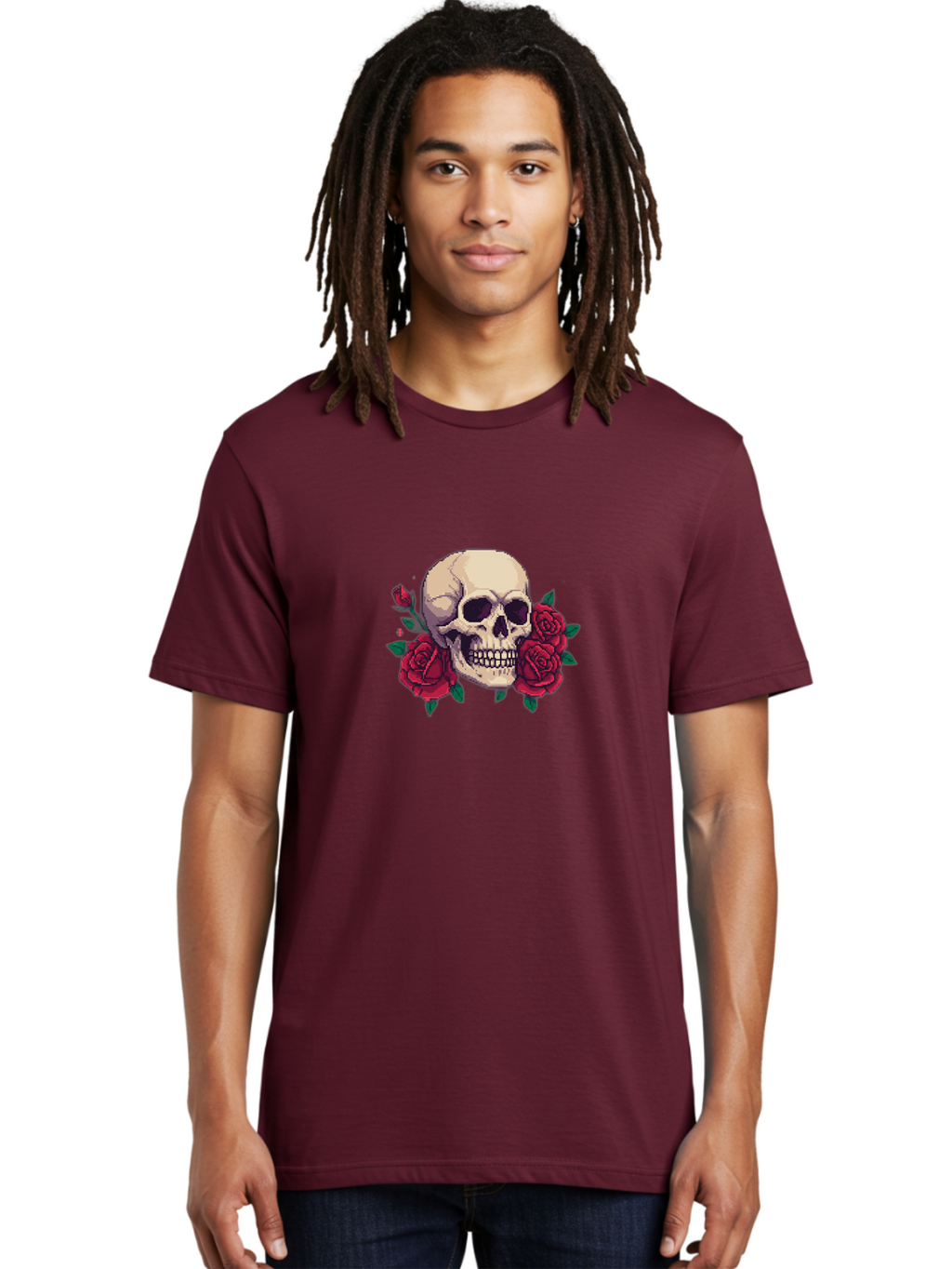 Skull-Pixel-Art Men'S Graphic Tee, 100% Cotton, Comfortable Casual Summer Wear, Machine Washable, Human Skull, Red Roses, Pixel Art, Gothic Style, Dark Beauty, Skull Decoration, Floral Skull, Goth Aesthetic, Pixelated Skull Bad604
