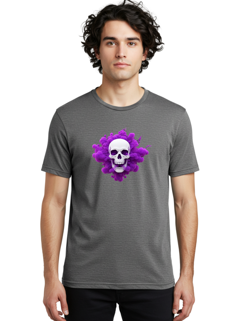 Skull-Purple-Smoke Men'S Graphic Tee, 100% Cotton, Comfortable Casual Summer Wear, Machine Washable, Human Skull, Purple Smoke, Dark Art, Gothic Style, Mysterious Atmosphere, Surreal Imagery, Edgy Design, Vibrant Purple Hue Bad605
