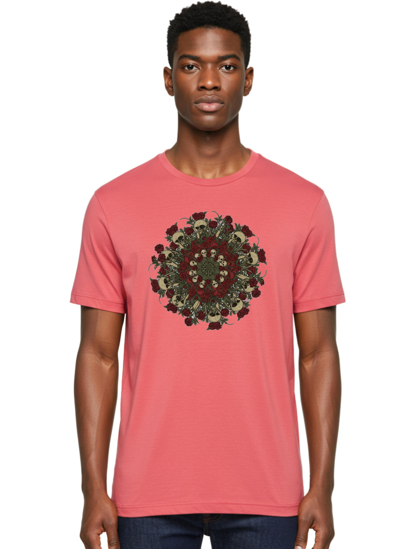 Skull-Rose-Mandala Men'S Graphic Tee, 100% Cotton, Comfortable Casual Summer Wear, Machine Washable, Skull Mandala, Dark Art, Floral Design, Red Roses, Skulls And Flowers, Intricate Patterns, Gothic Style, Mystical Symbols, Sacred Geometry, Bad606