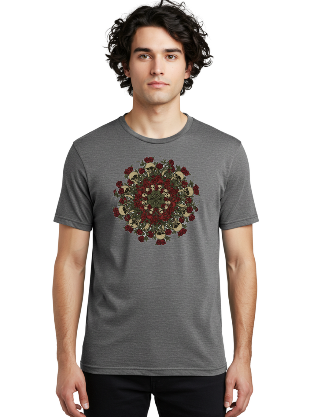 Skull-Rose-Mandala Men'S Graphic Tee, 100% Cotton, Comfortable Casual Summer Wear, Machine Washable, Skull Mandala, Dark Art, Floral Design, Red Roses, Skulls And Flowers, Intricate Patterns, Gothic Style, Mystical Symbols, Sacred Geometry, Bad606