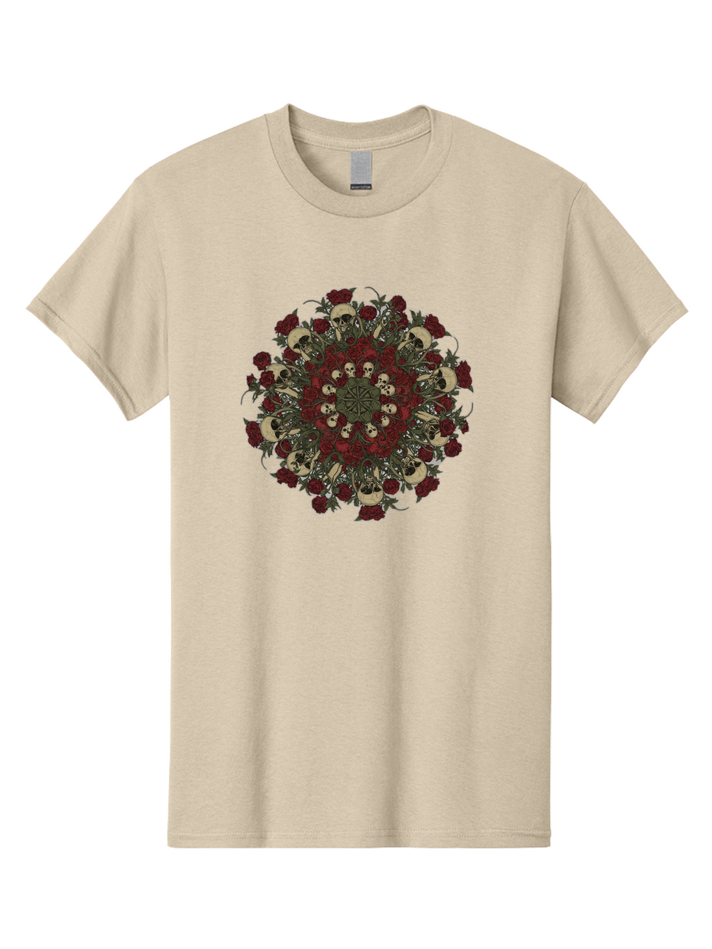 Skull-Rose-Mandala Men'S Graphic Tee, 100% Cotton, Comfortable Casual Summer Wear, Machine Washable, Skull Mandala, Dark Art, Floral Design, Red Roses, Skulls And Flowers, Intricate Patterns, Gothic Style, Mystical Symbols, Sacred Geometry, Bad606