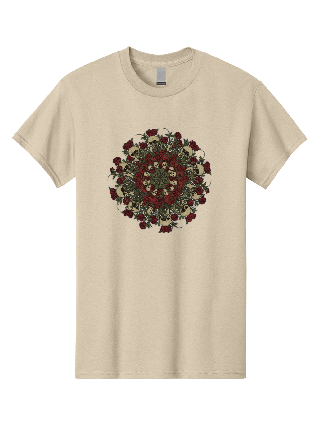 Skull-Rose-Mandala Men'S Graphic Tee, 100% Cotton, Comfortable Casual Summer Wear, Machine Washable, Skull Mandala, Dark Art, Floral Design, Red Roses, Skulls And Flowers, Intricate Patterns, Gothic Style, Mystical Symbols, Sacred Geometry, Bad606