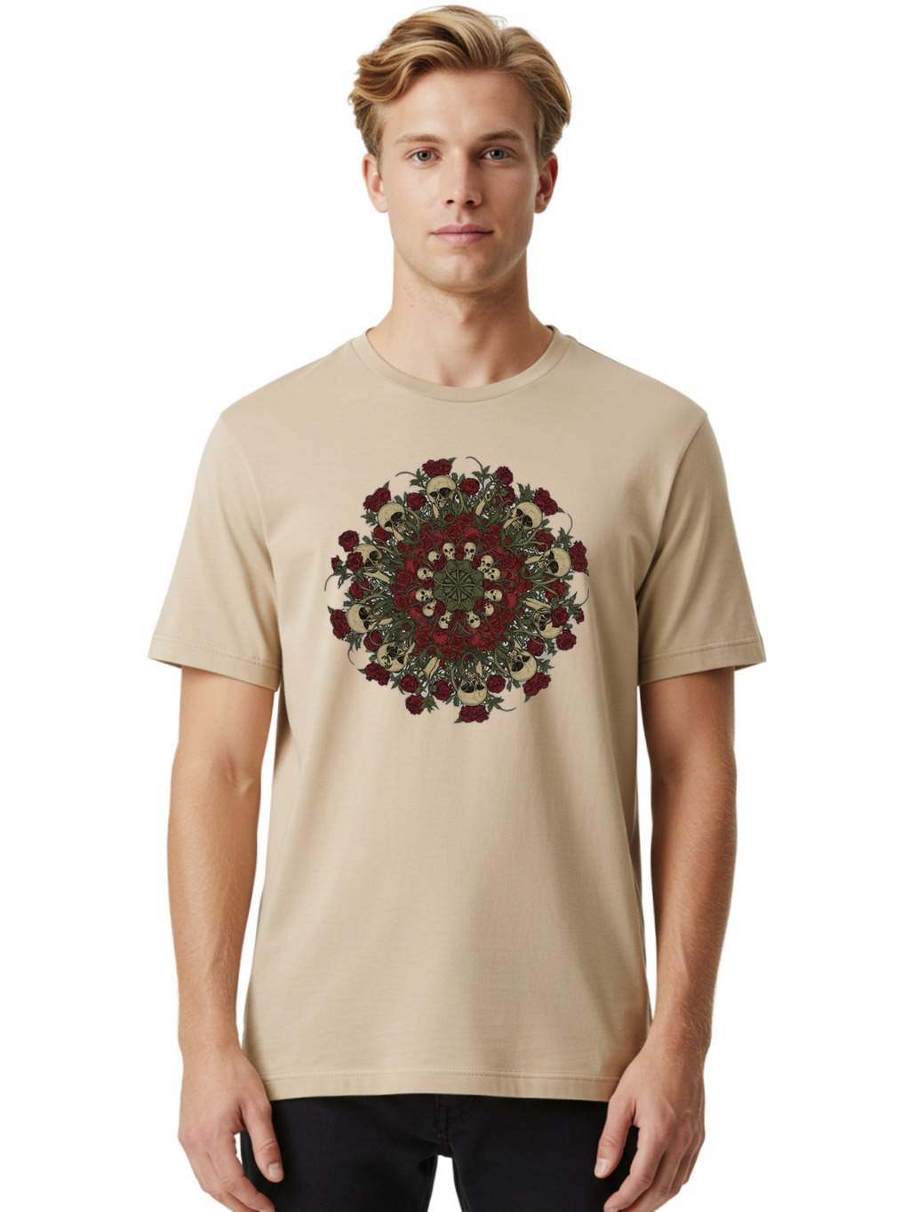 Skull-Rose-Mandala Men'S Graphic Tee, 100% Cotton, Comfortable Casual Summer Wear, Machine Washable, Skull Mandala, Dark Art, Floral Design, Red Roses, Skulls And Flowers, Intricate Patterns, Gothic Style, Mystical Symbols, Sacred Geometry, Bad606