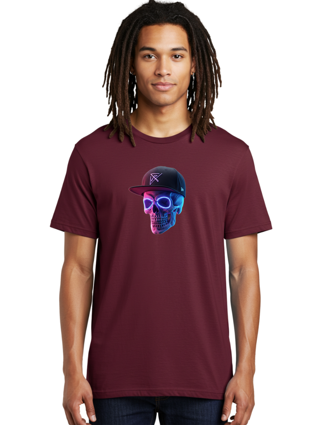 Skull-With-Baseball-Cap Men'S Graphic Tee, 100% Cotton, Comfortable Casual Summer Wear, Machine Washable, Glowing Skull, Neon Eyes, Zx Hat Logo, Futuristic Design, Edgy Style, Bold Graphics, Streetwear Fashion, Skull Art Bad607