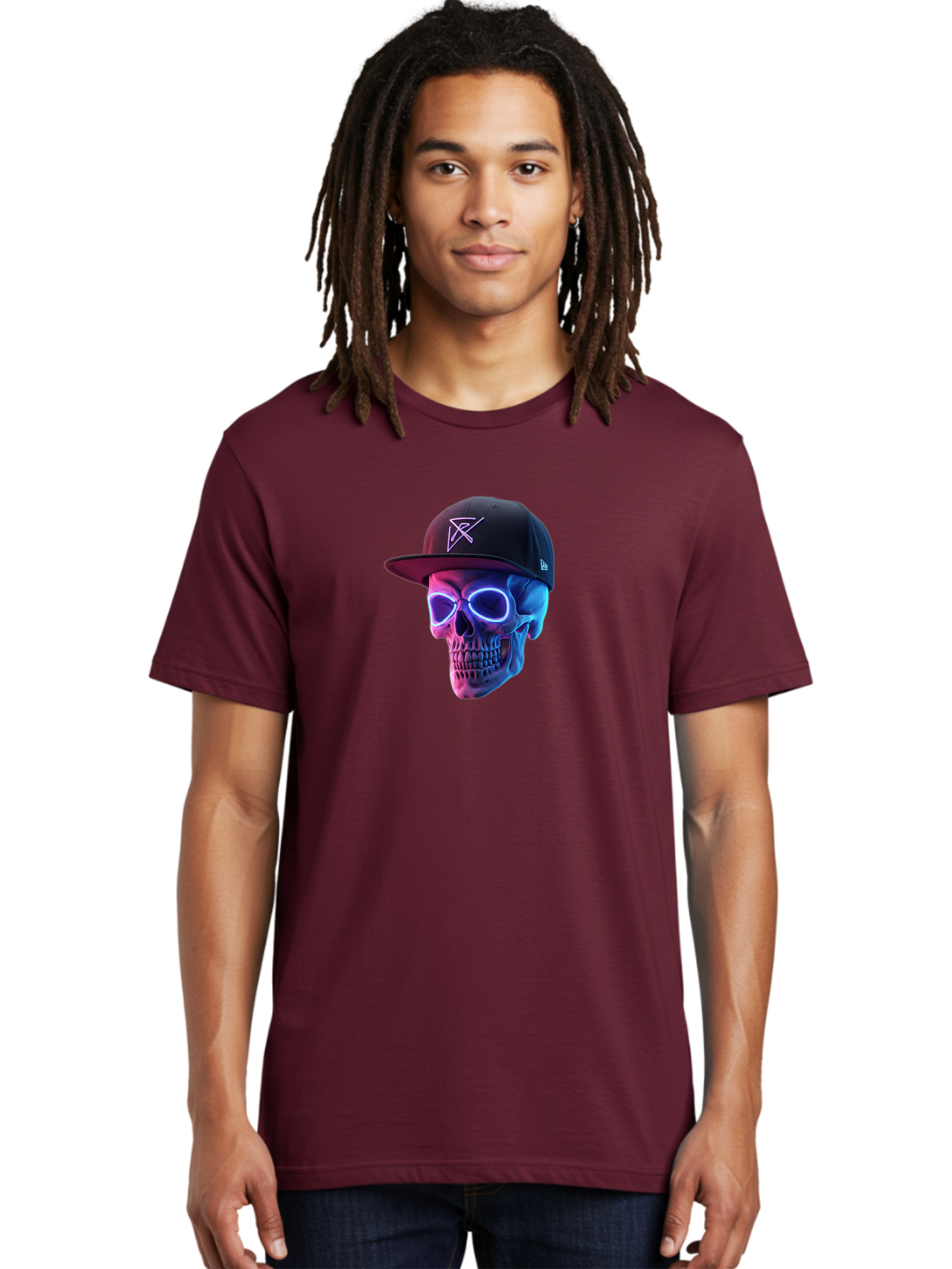 Skull-With-Baseball-Cap Men'S Graphic Tee, 100% Cotton, Comfortable Casual Summer Wear, Machine Washable, Glowing Skull, Neon Eyes, Zx Hat Logo, Futuristic Design, Edgy Style, Bold Graphics, Streetwear Fashion, Skull Art Bad607