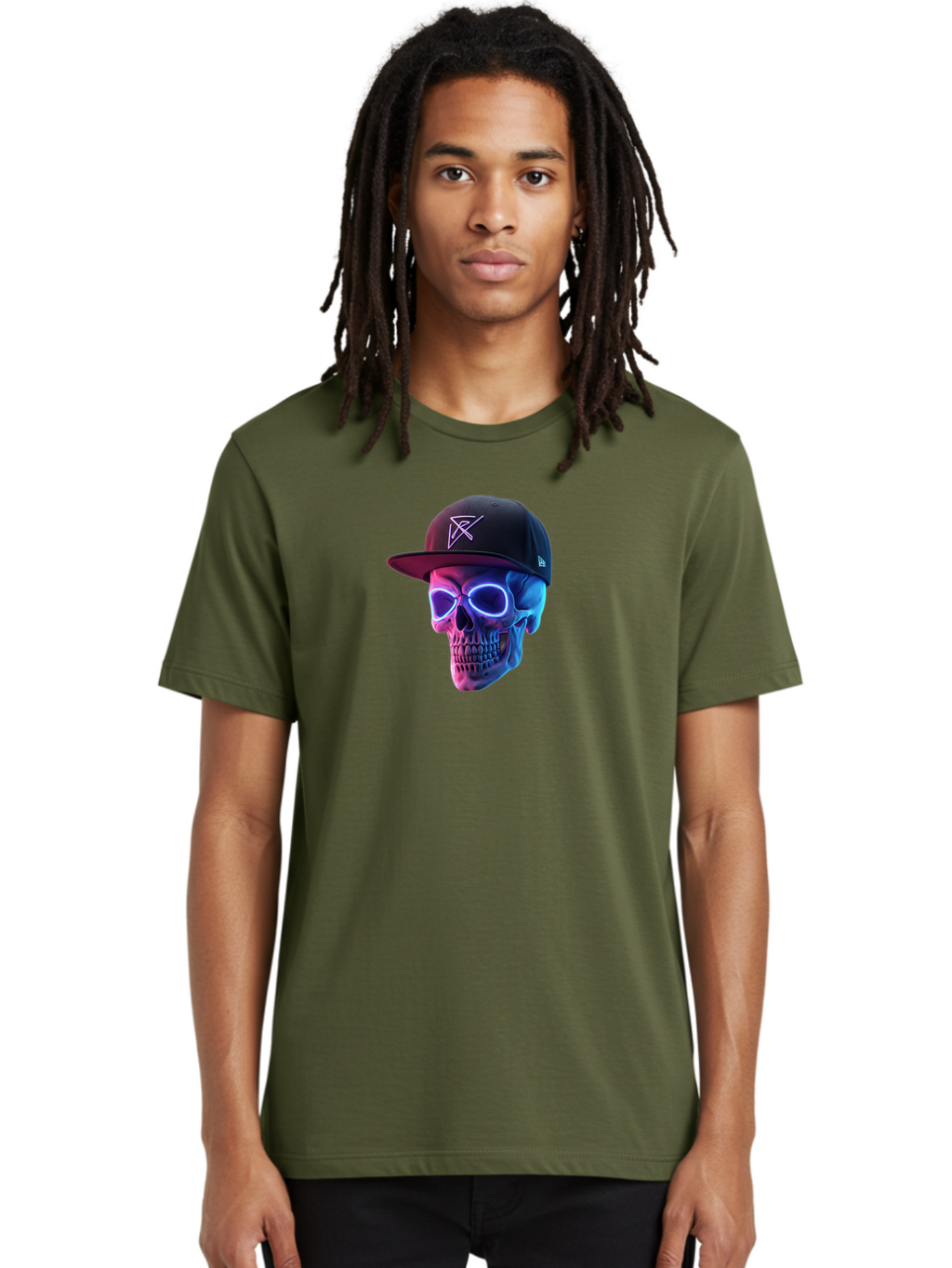 Skull-With-Baseball-Cap Men'S Graphic Tee, 100% Cotton, Comfortable Casual Summer Wear, Machine Washable, Glowing Skull, Neon Eyes, Zx Hat Logo, Futuristic Design, Edgy Style, Bold Graphics, Streetwear Fashion, Skull Art Bad607