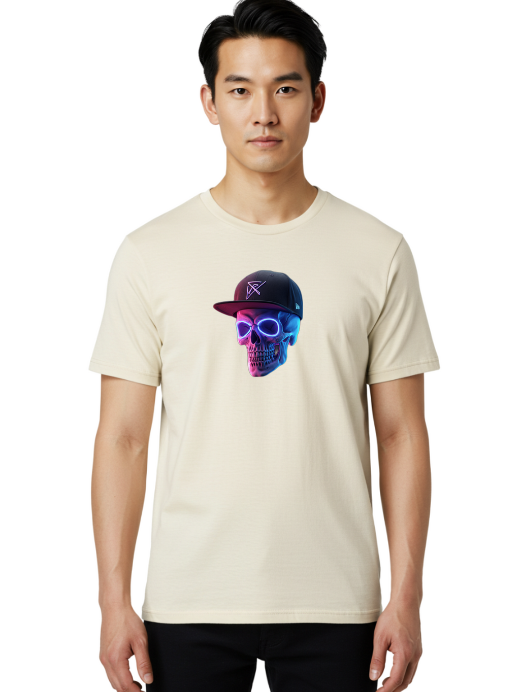 Skull-With-Baseball-Cap Men'S Graphic Tee, 100% Cotton, Comfortable Casual Summer Wear, Machine Washable, Glowing Skull, Neon Eyes, Zx Hat Logo, Futuristic Design, Edgy Style, Bold Graphics, Streetwear Fashion, Skull Art Bad607