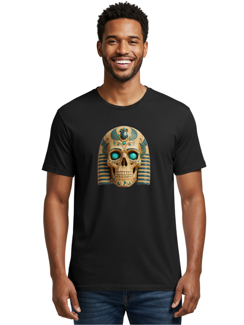 Skull-With-Egyptian-Headdress Men'S Graphic Tee, 100% Cotton, Comfortable Casual Summer Wear, Machine Washable, Ancient Egyptian Skull, Pharaoh'S Mask, Turquoise Gemstones, Blue Stripes, Scarab Beetle, Mystical Symbols, Intricate Designs, Bad608