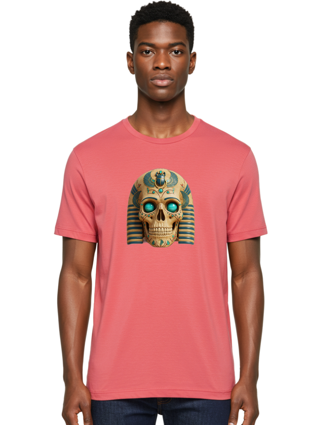 Skull-With-Egyptian-Headdress Men'S Graphic Tee, 100% Cotton, Comfortable Casual Summer Wear, Machine Washable, Ancient Egyptian Skull, Pharaoh'S Mask, Turquoise Gemstones, Blue Stripes, Scarab Beetle, Mystical Symbols, Intricate Designs, Bad608