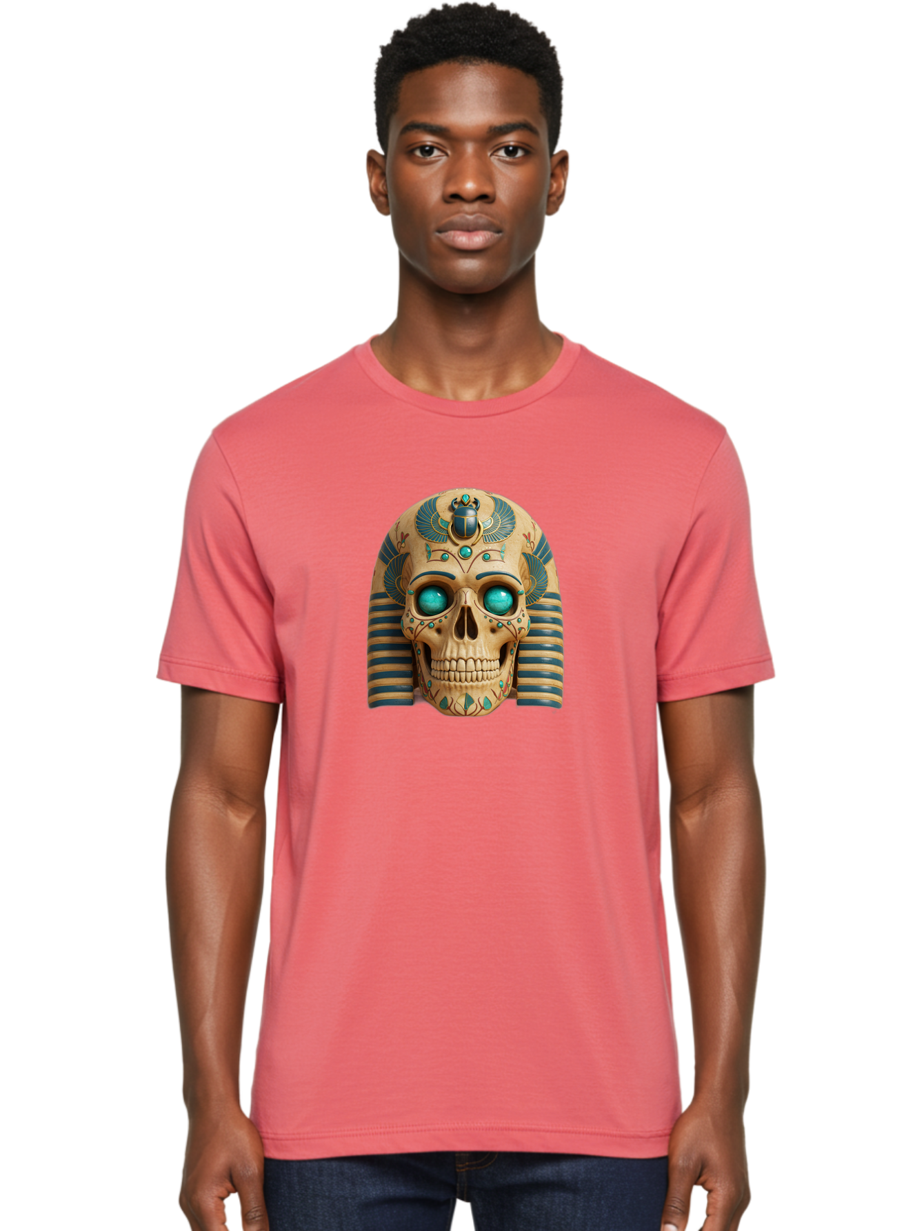 Skull-With-Egyptian-Headdress Men'S Graphic Tee, 100% Cotton, Comfortable Casual Summer Wear, Machine Washable, Ancient Egyptian Skull, Pharaoh'S Mask, Turquoise Gemstones, Blue Stripes, Scarab Beetle, Mystical Symbols, Intricate Designs, Bad608