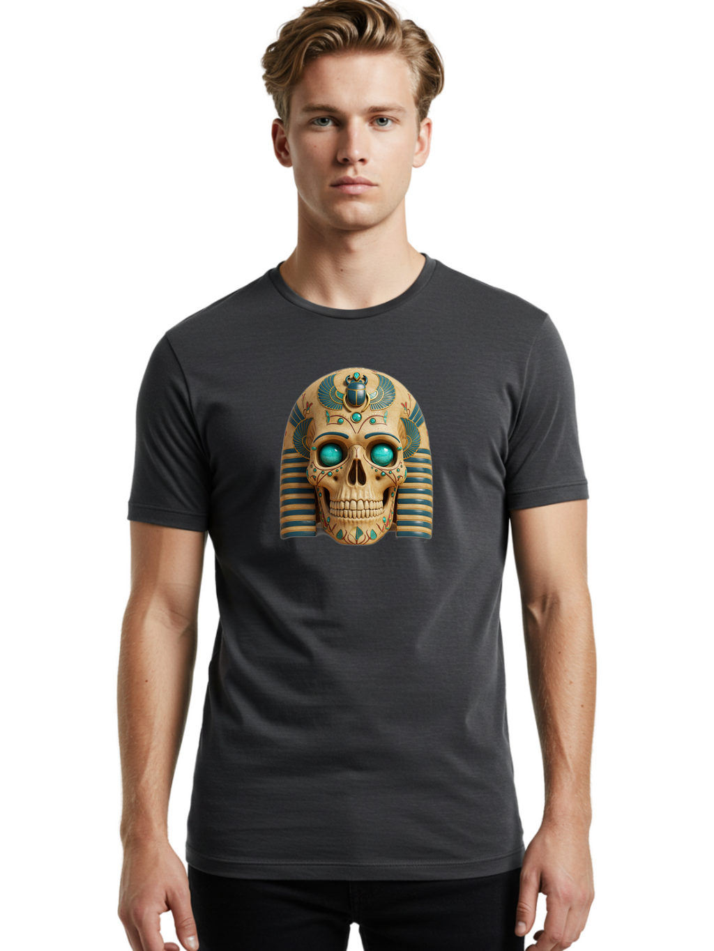 Skull-With-Egyptian-Headdress Men'S Graphic Tee, 100% Cotton, Comfortable Casual Summer Wear, Machine Washable, Ancient Egyptian Skull, Pharaoh'S Mask, Turquoise Gemstones, Blue Stripes, Scarab Beetle, Mystical Symbols, Intricate Designs, Bad608
