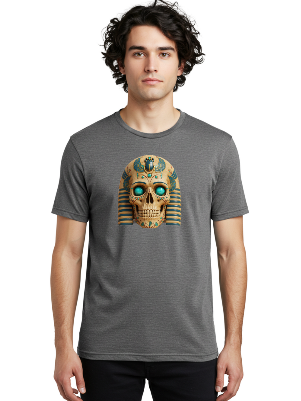 Skull-With-Egyptian-Headdress Men'S Graphic Tee, 100% Cotton, Comfortable Casual Summer Wear, Machine Washable, Ancient Egyptian Skull, Pharaoh'S Mask, Turquoise Gemstones, Blue Stripes, Scarab Beetle, Mystical Symbols, Intricate Designs, Bad608