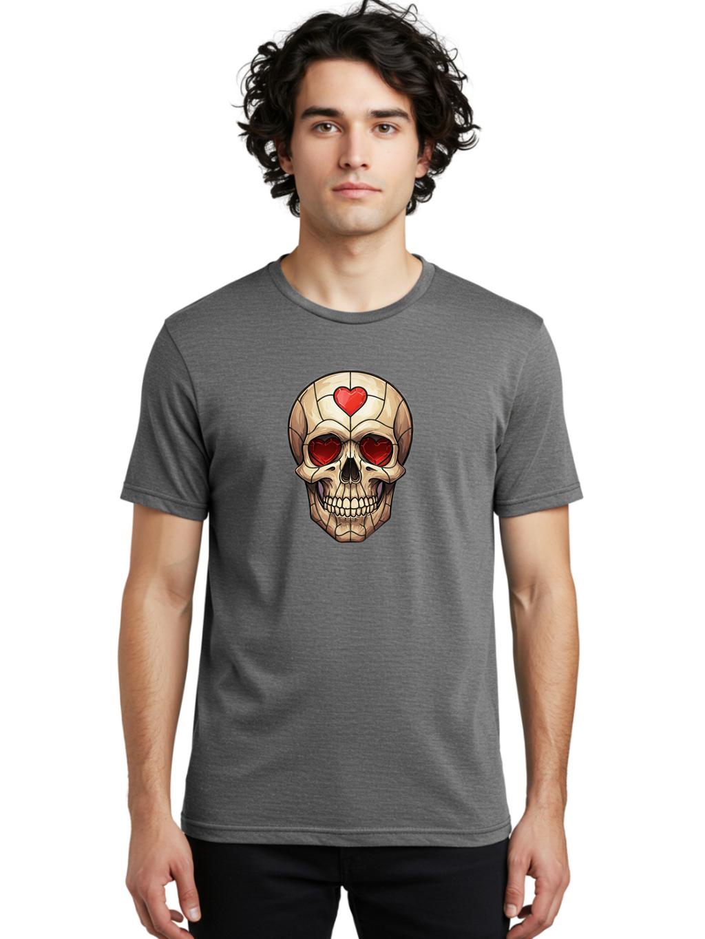 Skull-With-Heart-Eyes Men'S Graphic Tee, 100% Cotton, Comfortable Casual Summer Wear, Machine Washable, Cartoon Skull, Red Heart Eyes, Love Symbol, Grunge Art, Edgy Design, Tattoo Inspiration, Gothic Style, Heart-Shaped Eyes, Skull Art, Bad609