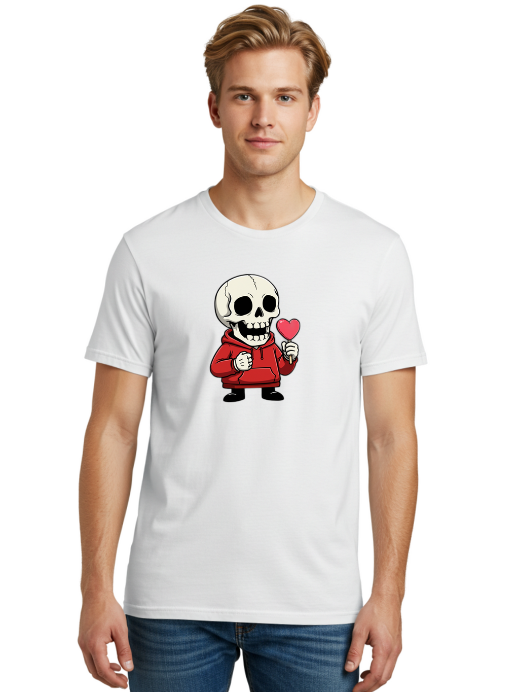 Skull-With-Heart-Lollipop Men'S Graphic Tee, 100% Cotton, Comfortable Casual Summer Wear, Machine Washable, Cartoon Skull, Red Hoodie, Heart-Shaped Lollipop, Sweet Treats, Quirky Character, Friendly Skeleton, Candy On Stick, Cartoon Art, Bad610