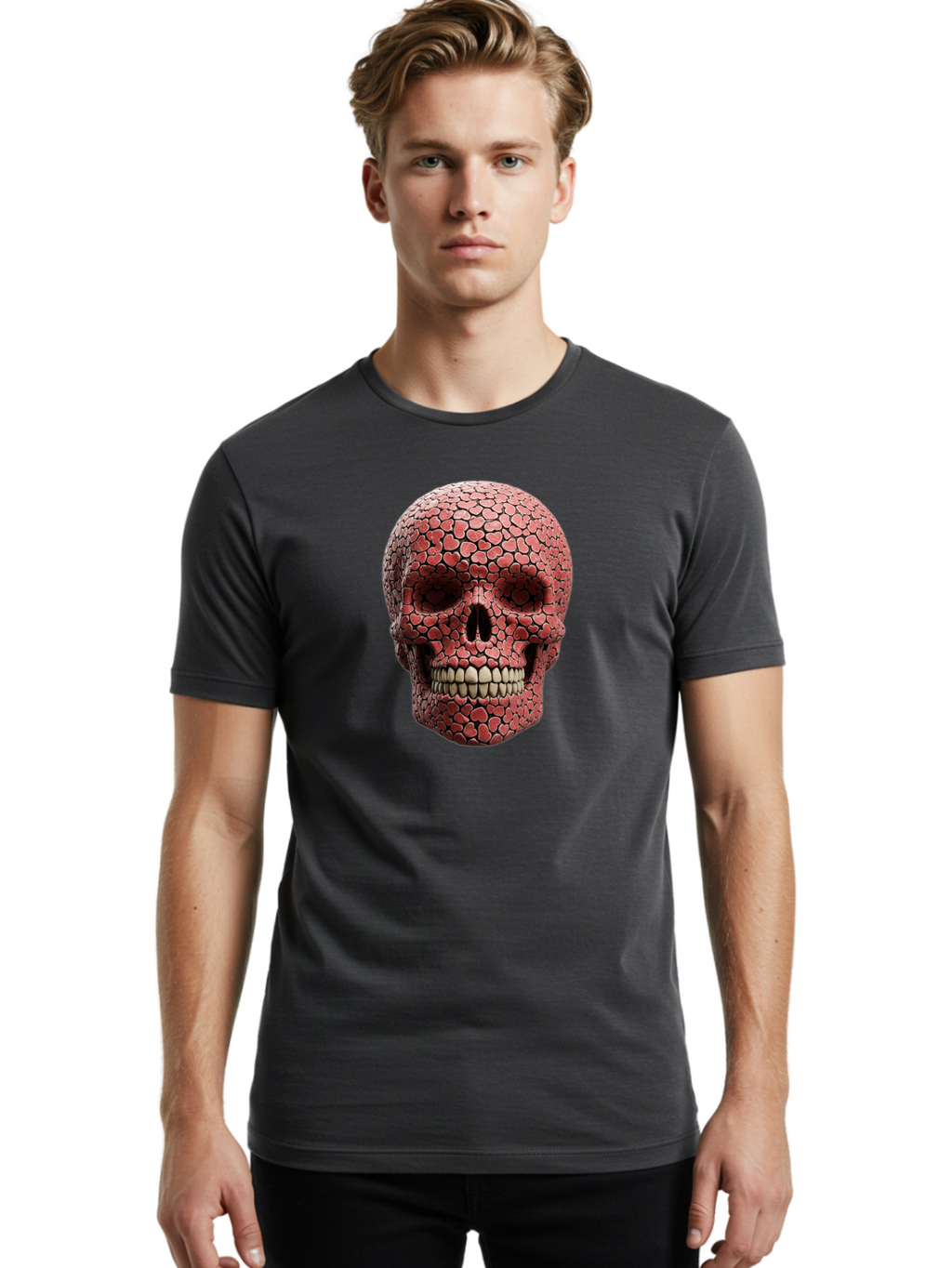 Skull-With-Hearts Men'S Graphic Tee, 100% Cotton, Comfortable Casual Summer Wear, Machine Washable, Skull Covered In Hearts, Red Hearts, Unique Design, Bold Art, Valentine'S Day Theme, Quirky Skull Art, 3D Illustration, Heart Pattern, Bad611