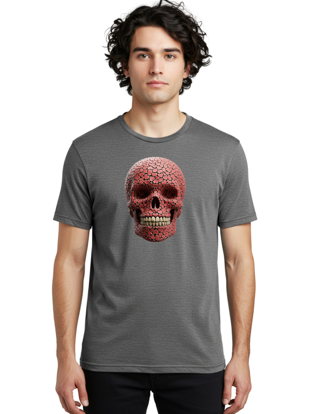 Skull-With-Hearts Men'S Graphic Tee, 100% Cotton, Comfortable Casual Summer Wear, Machine Washable, Skull Covered In Hearts, Red Hearts, Unique Design, Bold Art, Valentine'S Day Theme, Quirky Skull Art, 3D Illustration, Heart Pattern, Bad611