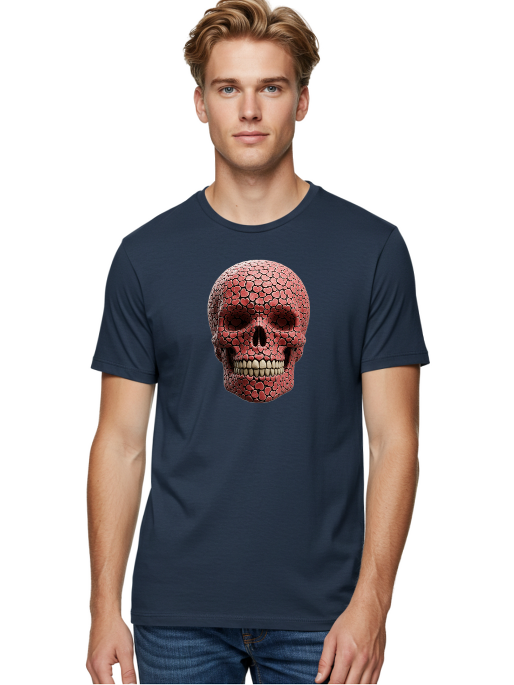 Skull-With-Hearts Men'S Graphic Tee, 100% Cotton, Comfortable Casual Summer Wear, Machine Washable, Skull Covered In Hearts, Red Hearts, Unique Design, Bold Art, Valentine'S Day Theme, Quirky Skull Art, 3D Illustration, Heart Pattern, Bad611