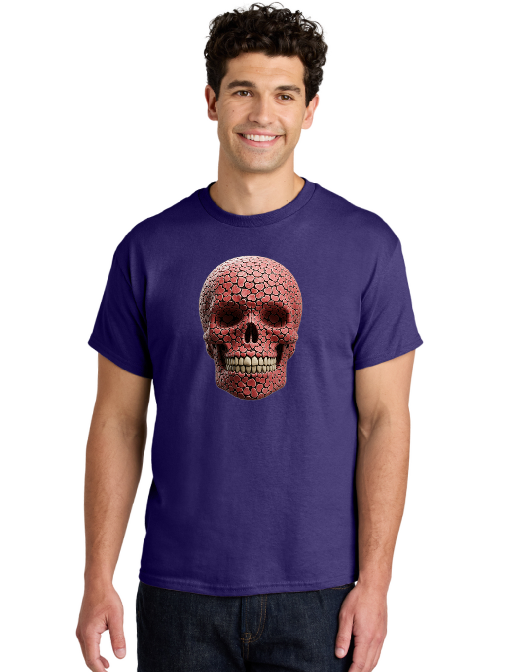 Skull-With-Hearts Men'S Graphic Tee, 100% Cotton, Comfortable Casual Summer Wear, Machine Washable, Skull Covered In Hearts, Red Hearts, Unique Design, Bold Art, Valentine'S Day Theme, Quirky Skull Art, 3D Illustration, Heart Pattern, Bad611
