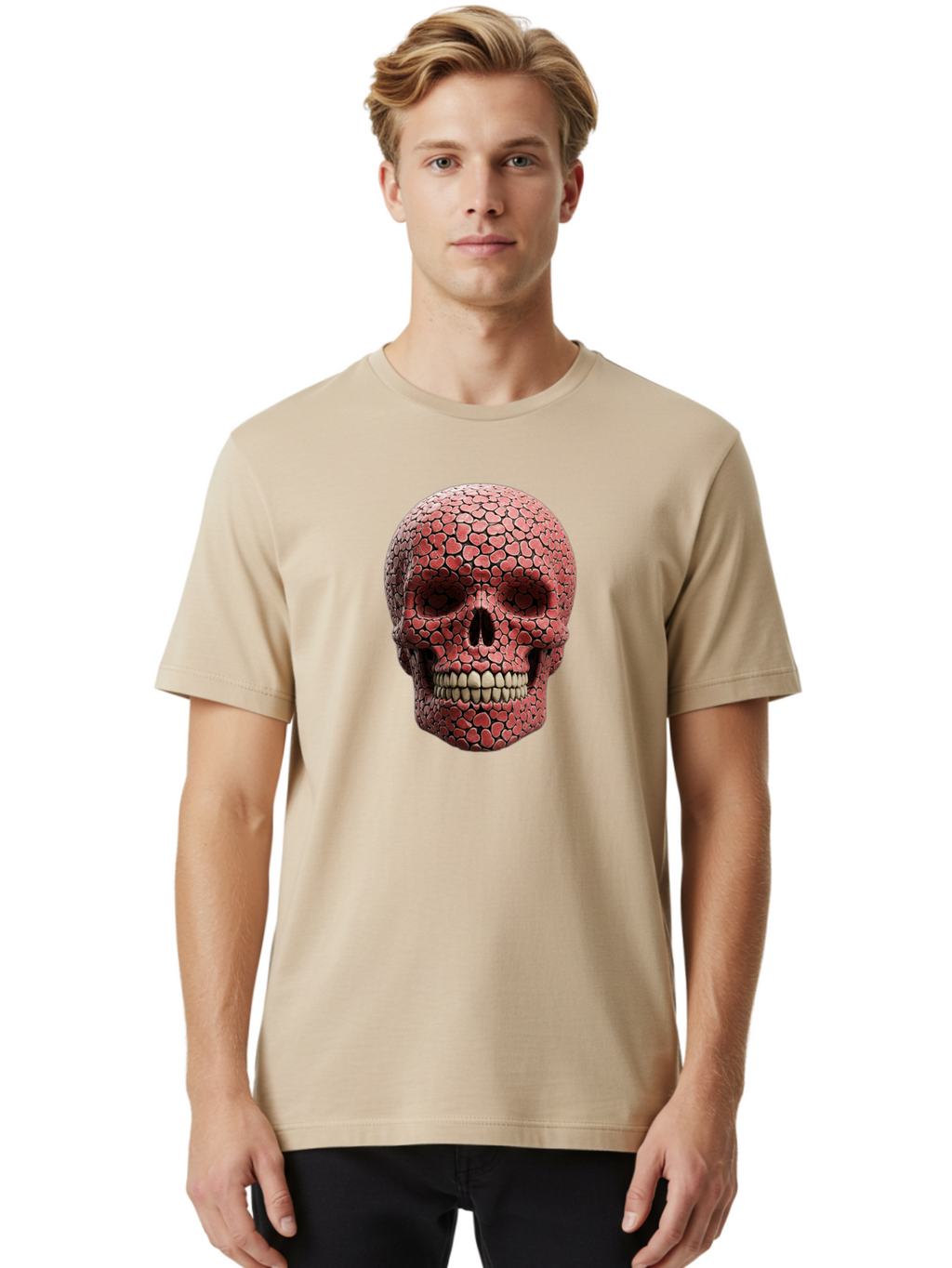 Skull-With-Hearts Men'S Graphic Tee, 100% Cotton, Comfortable Casual Summer Wear, Machine Washable, Skull Covered In Hearts, Red Hearts, Unique Design, Bold Art, Valentine'S Day Theme, Quirky Skull Art, 3D Illustration, Heart Pattern, Bad611