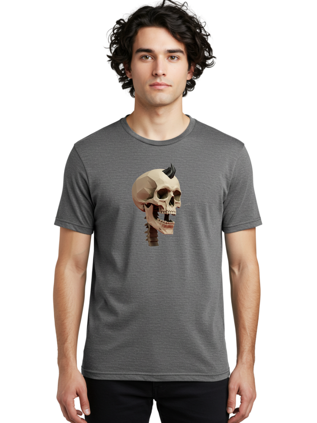 Skull-With-Mohawk Men'S Graphic Tee, 100% Cotton, Comfortable Casual Summer Wear, Machine Washable, Low Poly Skull, Geometric Shape, Punk Rock Style, Rock On, Low Poly Art, Gothic Skull, Punk Aesthetic, 3D Model, Skull Design Bad612