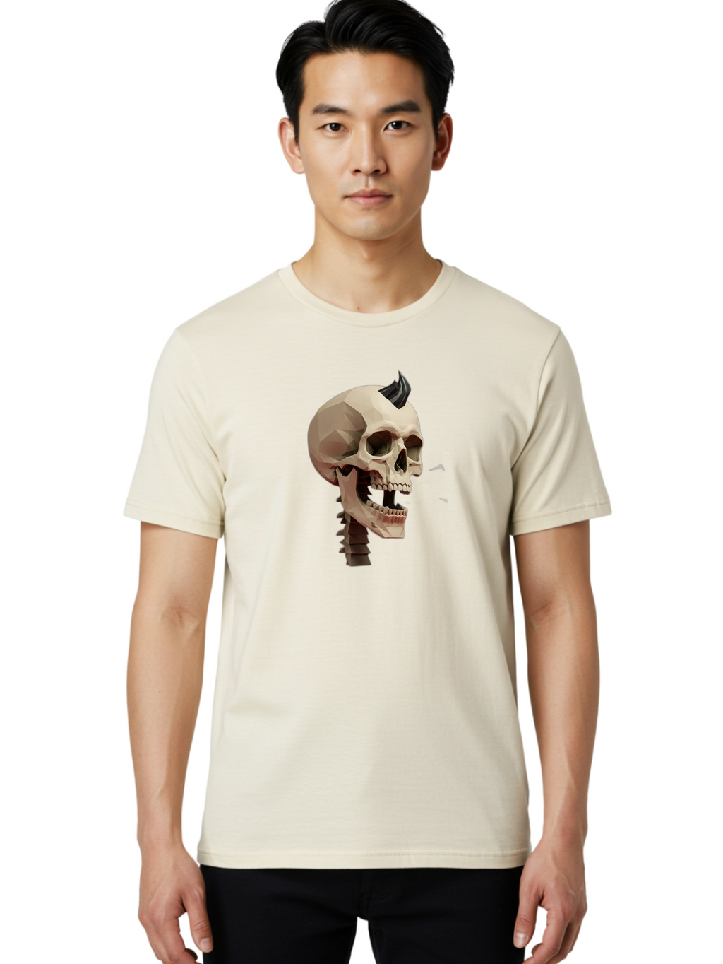 Skull-With-Mohawk Men'S Graphic Tee, 100% Cotton, Comfortable Casual Summer Wear, Machine Washable, Low Poly Skull, Geometric Shape, Punk Rock Style, Rock On, Low Poly Art, Gothic Skull, Punk Aesthetic, 3D Model, Skull Design Bad612