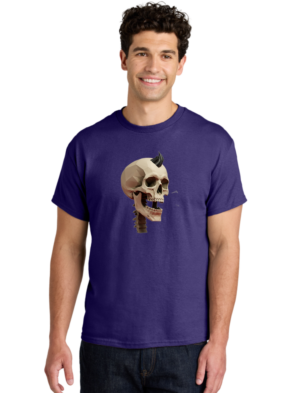Skull-With-Mohawk Men'S Graphic Tee, 100% Cotton, Comfortable Casual Summer Wear, Machine Washable, Low Poly Skull, Geometric Shape, Punk Rock Style, Rock On, Low Poly Art, Gothic Skull, Punk Aesthetic, 3D Model, Skull Design Bad612