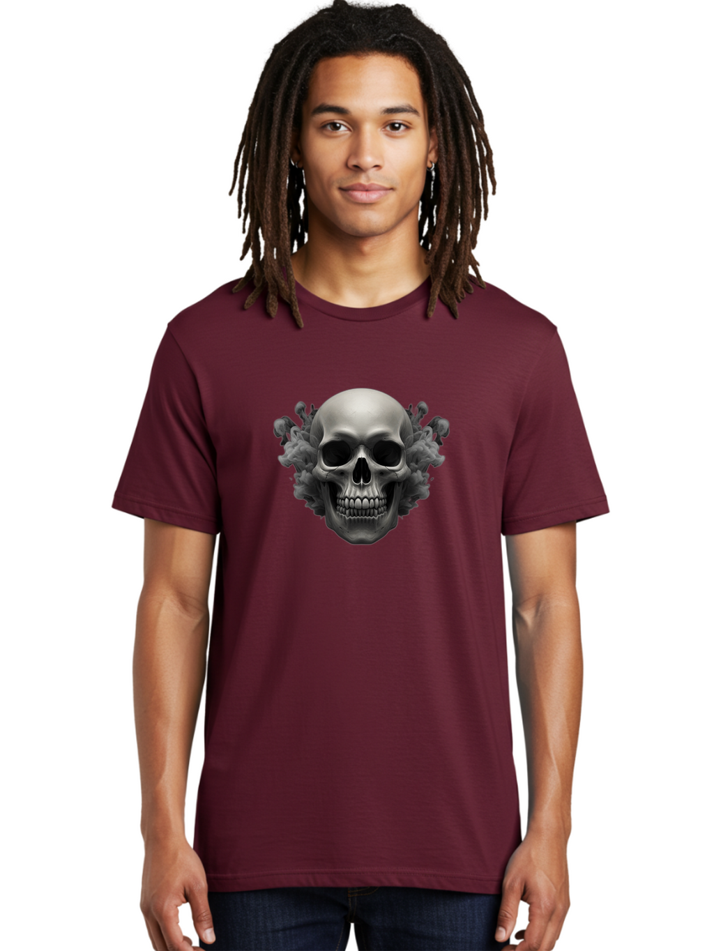 Skull-With-Mushrooms Men'S Graphic Tee, 100% Cotton, Comfortable Casual Summer Wear, Machine Washable, Skull Illustration, Gray Skull, Mushroom Cloud, Fungi Art, Gothic Design, Dark Art, Spooky Graphics, Mysterious Imagery, Eerie Atmosphere, Bad613