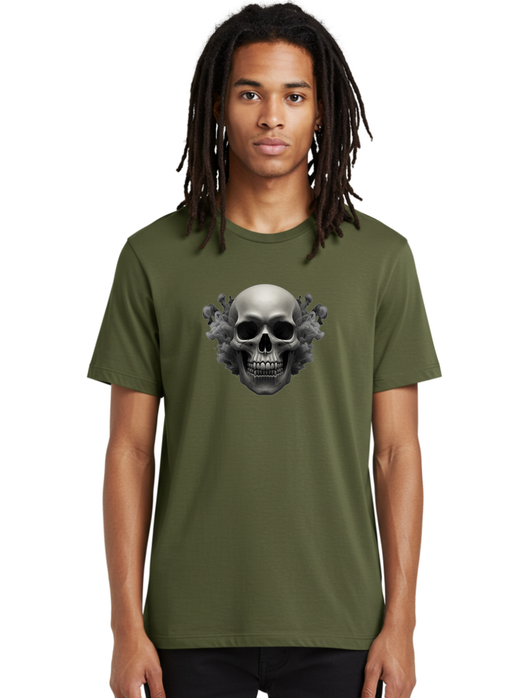 Skull-With-Mushrooms Men'S Graphic Tee, 100% Cotton, Comfortable Casual Summer Wear, Machine Washable, Skull Illustration, Gray Skull, Mushroom Cloud, Fungi Art, Gothic Design, Dark Art, Spooky Graphics, Mysterious Imagery, Eerie Atmosphere, Bad613
