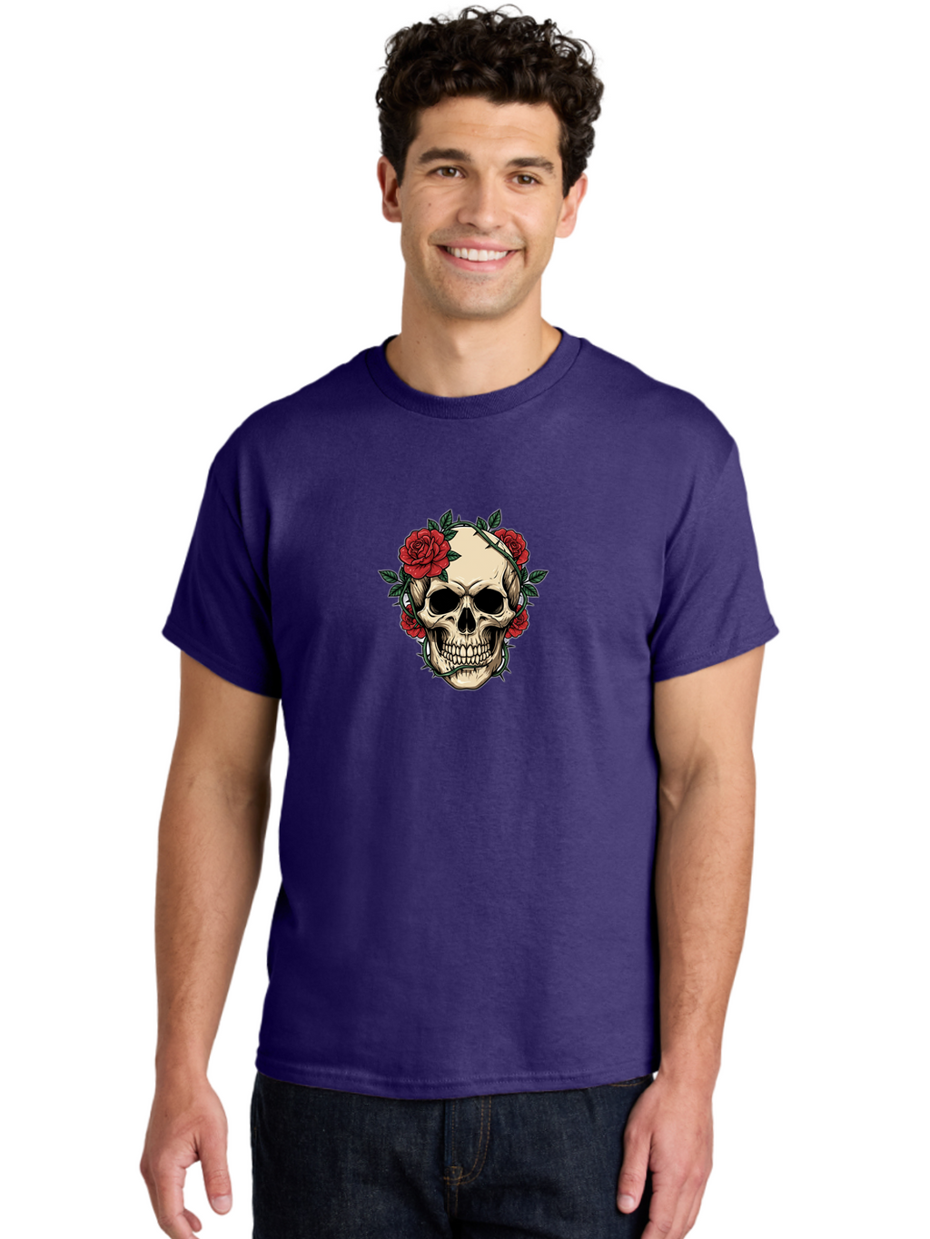 Skull-With-Roses-1 Men'S Graphic Tee, 100% Cotton, Comfortable Casual Summer Wear, Machine Washable, Skull With Flowers, Rose Wreath, Gothic Style, Human Skull, Floral Decoration, Tattoo Art, Dark Aesthetics, Symbolism, Mysterious Vibes, Bad614