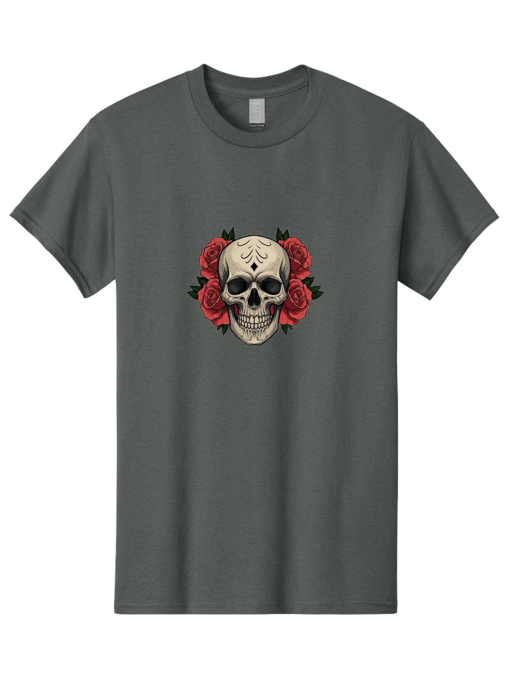 Skull-With-Roses-2 Men'S Graphic Tee, 100% Cotton, Comfortable Casual Summer Wear, Machine Washable, Skull Illustration, Red Roses, Sugar Skull, Floral Design, Gothic Art, Day Of The Dead, Tattoo Art, Skull With Flowers Bad615