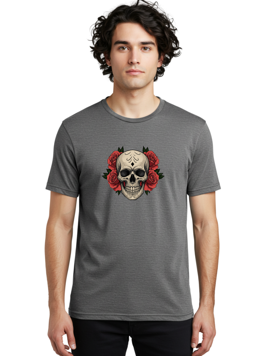 Skull-With-Roses-2 Men'S Graphic Tee, 100% Cotton, Comfortable Casual Summer Wear, Machine Washable, Skull Illustration, Red Roses, Sugar Skull, Floral Design, Gothic Art, Day Of The Dead, Tattoo Art, Skull With Flowers Bad615