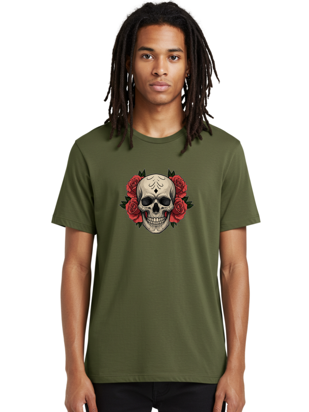 Skull-With-Roses-2 Men'S Graphic Tee, 100% Cotton, Comfortable Casual Summer Wear, Machine Washable, Skull Illustration, Red Roses, Sugar Skull, Floral Design, Gothic Art, Day Of The Dead, Tattoo Art, Skull With Flowers Bad615