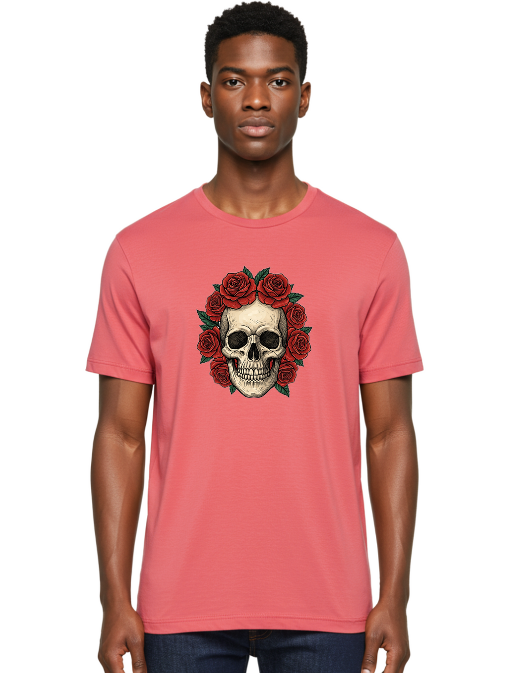 Skull-With-Roses-3 Men'S Graphic Tee, 100% Cotton, Comfortable Casual Summer Wear, Machine Washable, Skull With Red Roses, Sugar Skull, Day Of The Dead, Floral Wreath, Gothic Romance, Dark Art, Vintage Illustration, Red Roses, Tattoo Art Bad616