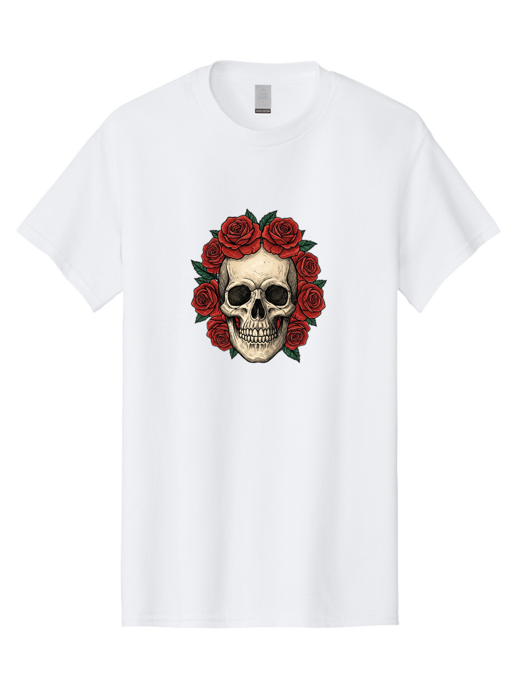 Skull-With-Roses-3 Men'S Graphic Tee, 100% Cotton, Comfortable Casual Summer Wear, Machine Washable, Skull With Red Roses, Sugar Skull, Day Of The Dead, Floral Wreath, Gothic Romance, Dark Art, Vintage Illustration, Red Roses, Tattoo Art Bad616
