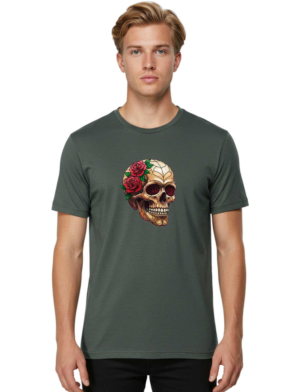 Skull-With-Roses-4 Men'S Graphic Tee, 100% Cotton, Comfortable Casual Summer Wear, Machine Washable, Human Skull, Sugar Skull, Red Roses, Floral Design, Stained Glass Effect, Gothic Style, Tattoo Art, Rose Eyes, Death And Beauty, Floral Skull Bad617